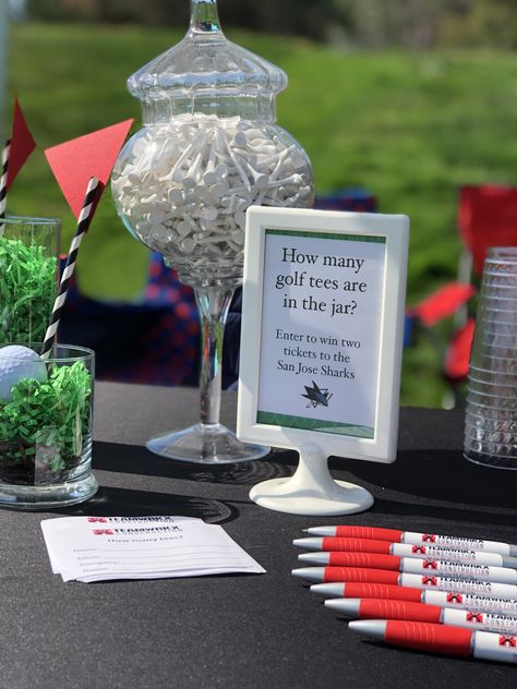 Golf Scramble Fundraiser Gift Ideas, Corporate Golf Day Ideas Events, Golf Team Homecoming Float, Golf Tournament Sponsor Table, Golf Fundraiser Centerpieces, Golf Tees Ideas, Glow Golf Tournament, Golf Tournament Giveaway Ideas, Golf Outing Decorations