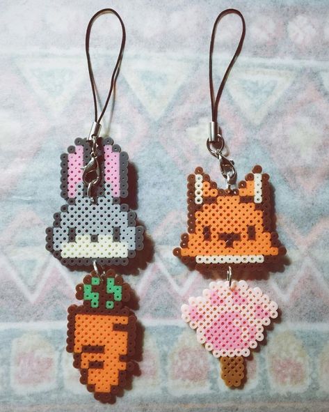 Bunny Rabbit Fox Carrot Paw Key Rings Perler Hama Beads Hamma Beads Ideas, Pixel Beads, Pearl Beads Pattern, Easy Perler Beads Ideas, Art Perle, Hama Beads Design, Perler Bead Templates, Diy Perler Bead Crafts, Perler Crafts