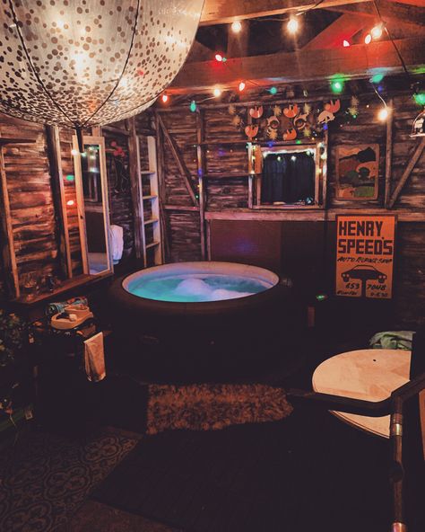 Garage Hot Tub Room, Chill Garage Ideas, Garage Transformation Ideas, Hang Out Shed Ideas, Garage Chill Space Ideas, Diy Garage Hangout, Shed Hangout Ideas Aesthetic, Hot Tub In Garage, Cool Garage Ideas Hangout