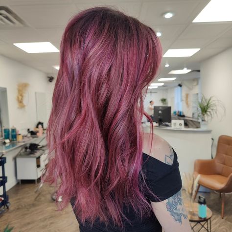 Getting to do some pink hair right after I had mine done was ✨perfection✨ If you've been thinking about getting pink hair, this is your sign to do it��😌💕 #vibranthair #joicocolorintensity #pinkhair #fashioncolour #bellevillehairstylist #downtownbelleville #canadian #canadianhairstylist #matrix #matrixcanada #septembersalon Wine Pink Hair, Aphrodite Manifestation, Pink Hair Brunette, Maroon And Pink Hair, Berry Pink Hair, Raspberry Hair, Mauve Hair, Dark Pink Hair, Maroon Hair