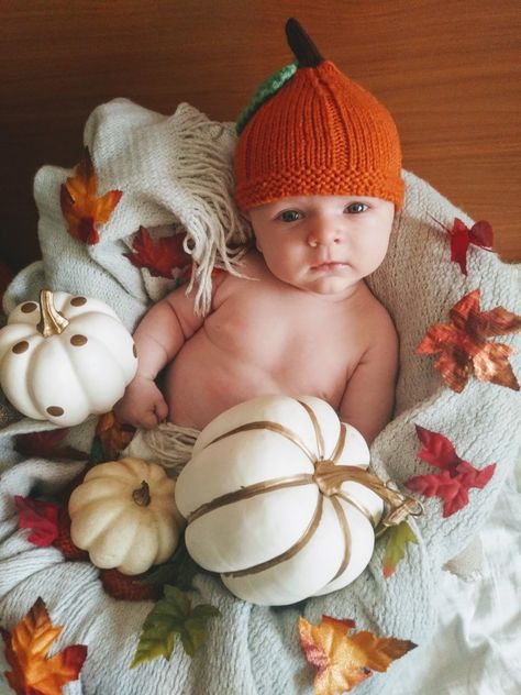 Fall Pictures For Newborns, 4 Month Old Pumpkin Patch Pictures, Newborn Pumpkin Costume, Diy Newborn Fall Photos, November Infant Photoshoot, First Halloween Photo Ideas, 1 Month Old Baby Pictures November, Infant Fall Pictures, Autumn Newborn Photos