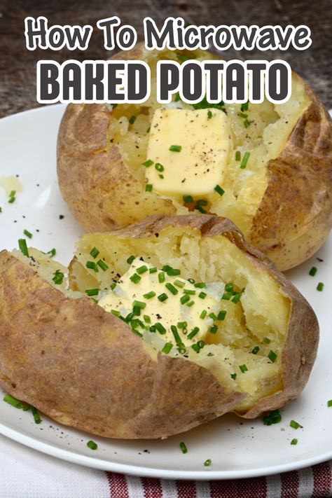 side view of two microwaved potatoes topped with butter, chives and flakey salt Microwave Potatoes Baked, How To Cook Baked Potatoes, Baked Potato In Microwave, Baked Potatoes In The Microwave, Microwave Baked Potatoes, Quick Baked Potato, Microwave Potatoes, Microwave Baked Potato, Microwave Cooking Recipes