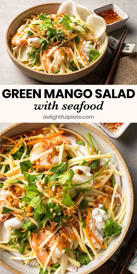 a plate of Vietnamese green mango salad with shrimp and squid Salad With Seafood, Thai Mango Salad, Squid Salad, Easy Vietnamese Recipes, Green Mango Salad, Asian Seafood, Squid Recipes, Green Mango, Asian Salad