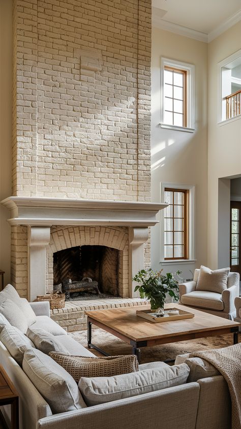 29  Painted Brick Fireplaces That Add Classic Farmhouse Coziness - My Modern Cave Brick Fireplace Makeover With Tile, Timeless Brick Fireplace, Tumbled Brick Fireplace, Taupe Fireplace Brick, Adobe Fireplace Makeover, Cover Brick Fireplace With Stone, Taupe Brick Fireplace, Beige Painted Brick Fireplace, Refinish Fireplace Brick