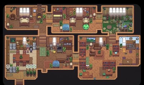 Stardew Valley House No Mods, Stardew Interior Ideas, Stardew Valley House Interior Abigail, Stardew Valley House Layout No Mods, Stardew Cottagecore House, Farmhouse Decor Stardew Valley, Stardew Decoration House, Stardew Home Layout, Stardew Home Interior