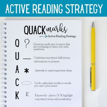 If you are looking for a simple and effective active reading strategy or annotation guide for your classroom, try QUACK marks! The phrase is catchy and students will remember the annotating process with these great simple reference pages. This resource includes a full page (8.5 X11) printable along ... Annotating Informational Text, Annotation Strategies, Annotation Guide, Simple Reference, Active Reading Strategies, Mindfulness Classroom, Student Binders, Reading Strategy, Classroom Hacks