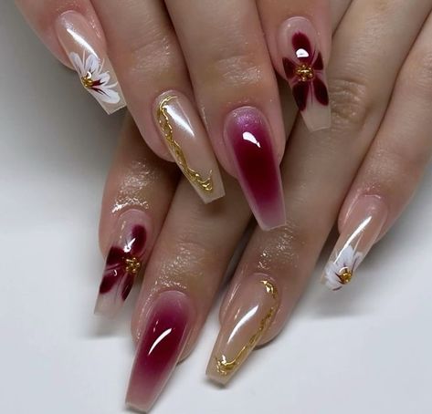 #fashion, #nails, #nailart, #nailinspiration Coffin 3d Nail Designs, Red Nails Acrylic, Manifest 2024, Disney Inspired Nails, Beachy Stuff, Red And Gold Nails, Gold Acrylic Nails, Nails Flower, Fetty Wap