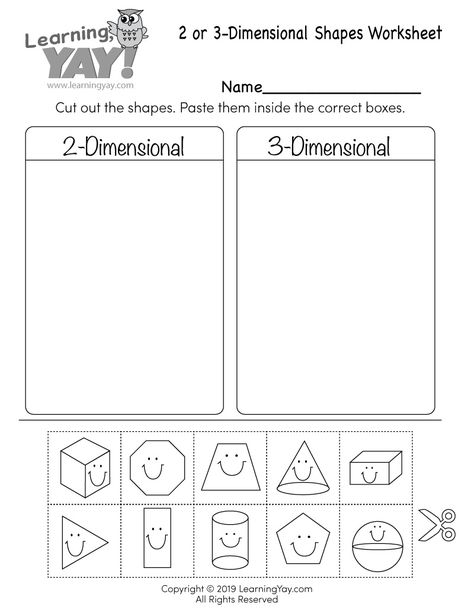 Students can sort two-dimensional and three-dimensional shapes by completing a cute cut and past activity. It is a great way for kids to develop their geometry skills. Teach Boxes, 3d Shapes Kindergarten, 3d Shapes Activities, 3d Shapes Worksheets, 3 Dimensional Shapes, Character Worksheets, Two Dimensional Shapes, Shapes Worksheet Kindergarten, Shapes Kindergarten