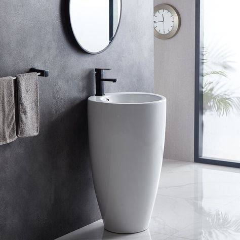 Eridanus 33.5" H White Ceramic Circular Pedestal Bathroom Sink with Overflow & Reviews | Wayfair Rounded Vanity Bathroom, Small Pedestal Sink, Corner Bathroom Sink, Standing Sink, Modern Pedestal Sink, Pedestal Sink Bathroom, Outdoor Sink, Corner Sink Bathroom, Console Bathroom Sink