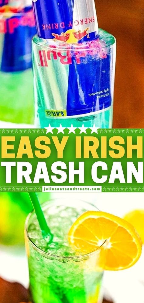 st. patrick's day cocktail recipes Irish Trashcan Recipe, Trash Can Recipe, Irish Trash Can Drink, Green Alcoholic Punch, Green Alcoholic Drinks For A Party, Trash Can Drink Recipe, Green Drinks Alcohol, Irish Trash Can, Trash Can Drink