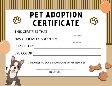 Brown, black, tan, white and peach colors make this pet adoption certificate very modern and great for any birthday party! Adopt A Pet Certificate, Adopt A Wolf Pup, Adoption Certificate For Stuffed Animals, Adopt A Stuffed Animal, Stuffed Animal Adoption Certificate, Pet Certificate, Vet Party, Dog Adoption Party, Dog Adoption Certificate