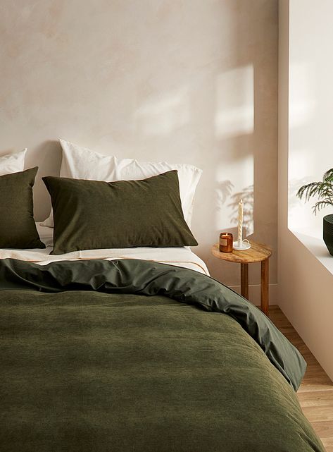 Corduroy Duvet Cover, Green Guest Room, Loft Apartment Aesthetic, Bedroom Decor Inspirations, Textured Duvet Cover, Textured Duvet, Flannel Duvet Cover, Retro Bedroom, Bedroom Makeover Ideas