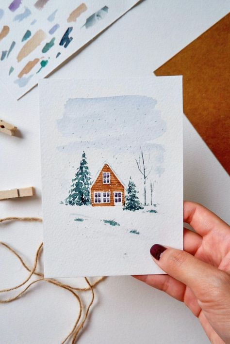 Christmas Watercolor Ideas Xmas Cards, Watercolor Christmas Cards Diy, Diy Postcard, Illustration Postcard, Watercolor House Painting, Watercolor Birthday Cards, Watercolor Postcard, Watercolor Winter, Atv Riding