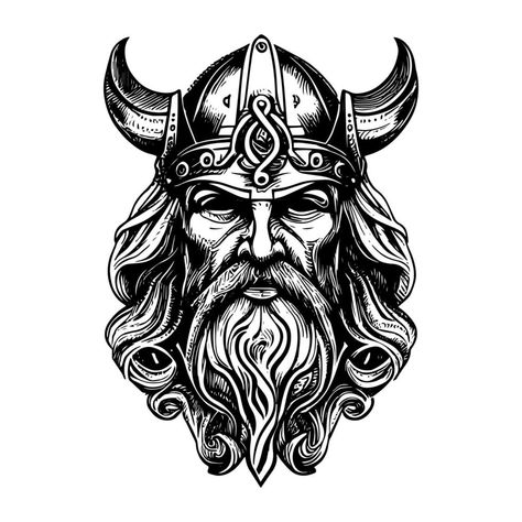 Viking God Tattoo, Odin Drawing, Viking Art Drawing, Viking Head Tattoo, Vikings Drawing, Odin Art, Viking Vector, Viking Drawings, Odin Tattoo