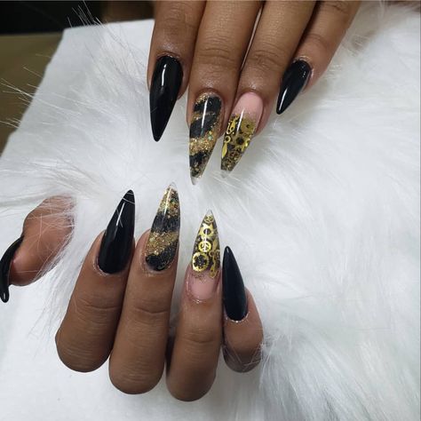 Black And Gold Acrylic Nails, Stelito Nails, Gold Acrylic Nails, Black And Gold, Gold Black, Nail Ideas, Acrylic Nails, Gems, Nails