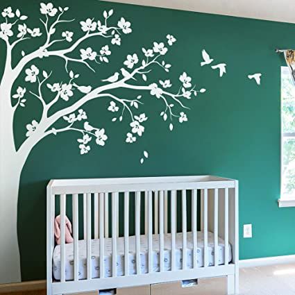 Leaves Nursery, Wall Art Tattoo, White Blossom Tree, Nursery Stickers, Wall Art Sticker, Painting Decor, Tree Wall Stickers, Corner Wall, Tree Wall Decal