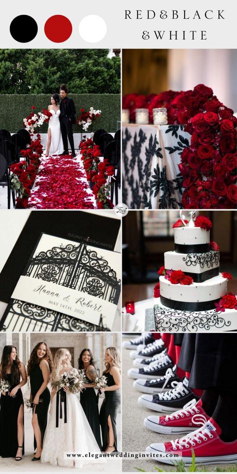 Black Wedding Theme Ideas, Black Wedding Theme, Black Red Wedding, Black Wedding Decorations, Red Wedding Decorations, Black And White Wedding Theme, White Wedding Decorations, Wedding Theme Ideas, Red And White Weddings