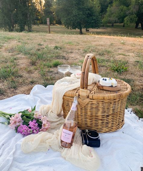 Picnic for two wine flowers wicker basket Polaroid photos blanket charcuterie Picnic Photoshoot Props, Flowers In Picnic Basket, Picnic Basket Flowers, Cottage Core Photoshoot, Engagement Picnic, Cake Picnic, Wine And Flowers, Elopement Picnic, Birthday Pose