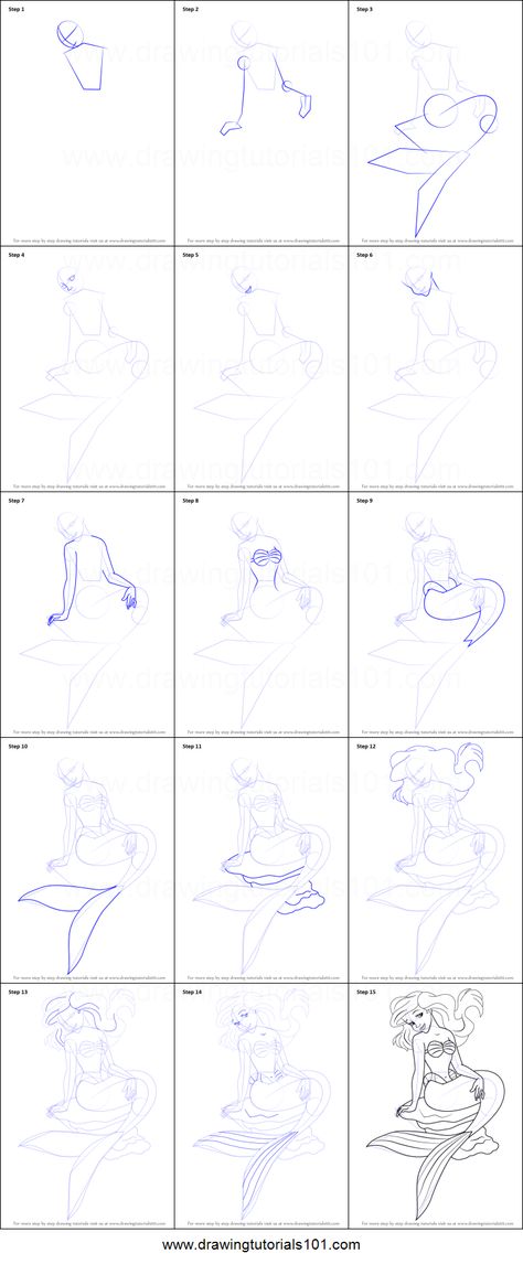 How to Draw a Mermaid Sitting on a Rock printable step by step drawing sheet : DrawingTutorials101.com Mermaid Drawings Reference, How To Draw Ariel Step By Step, How To Draw Barbie Step By Step, How To Draw Ariel, How To Draw Disney Characters Step By Step, How To Draw A Mermaid, Mermaid Drawing Tutorial, Nemo Bathroom, Mermaid Sitting On A Rock