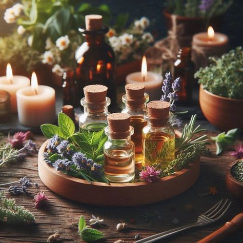 Essential oil bottles on a tray table with flowers and herbs surrounded around them. Egyptian Rituals, Essential Oil Aesthetic, Essential Oils Aesthetic, Ancient Healing, Turmeric Oil, Pomegranate Oil, Essential Oils Guide, Ginger Oil, Essential Oils For Skin