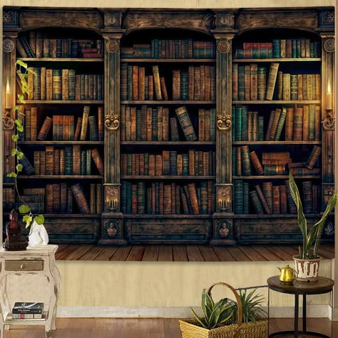 PRICES MAY VARY. 【Various sizes】: 36''high × 48''wide, 44''high × 60''wide, 60''high × 80''wide. 【Unique design】: This is a retro bookshelf tapestry. There are many old books in the ancient wooden cabinet, which creates a mysterious atmosphere in your study space and makes people calm down. 【High-Quality】: Made of 100% high quality polyester fabric, it is durable and good color retention, soft and lightweight. 【Multi-use】: This abstract minimalist geometric tapestry is great for wall hangings, B Antique Book Shelves, 80s Bookshelf, Bookshelf Ideas Living Room, Retro Bookshelf, Bookshelves Aesthetic, Bookshelves Living Room, Geometric Tapestry, Bookshelf Inspo, Bookshelves For Small Spaces