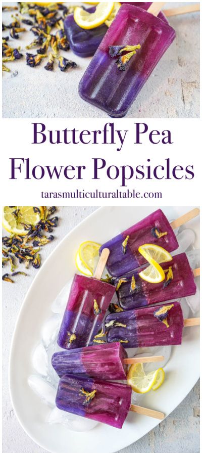 Butterfly Pea Flower Popsicles on a white platter with ice, lemon slices, and butterfly pea flowers. Butterfly Pea Flower Dessert, Butterfly Pea Flower Recipe, Butterfly Pea Recipe, Flower Popsicles, Herbal Popsicles, Blueberry Boba, Juice Cart, Lemon Popsicles, Popsicles Recipes