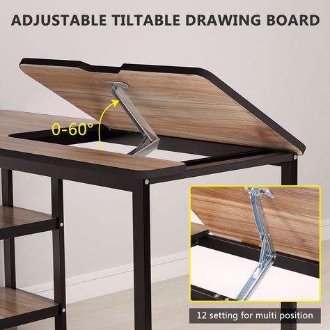 Featured adjustable tiltable Stand Table Board which can be fixed in any position from flat to 80°degree to achieve desired angle Multiple angle settings offer better posture for work Study desk size 55” L x 24” W ensure it is sufficient enough to display two monitors or other office accessories without any crowding And two extra shelves under the desk top provide more space for storage Heavy duty powder-coated finish metal leg ensure stability and durability and oak-made desktop further impro Drawing Desk, Drafting Table, Drawing Table, Simple Desk, Diy Home Furniture, Creative Furniture, Diy Desk, Drawing Board, Desk Design