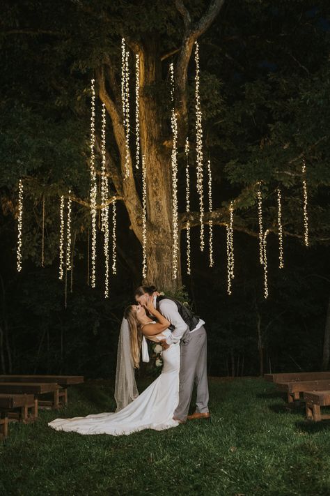 Fairy Lights in our Old Oak Tree in our Forest Garden Ceremony Site add romance at any time of day! #greenwoodoaks #forestgarden #ceremonysite #fairylights #treelights Fairy Lights In Trees Wedding, Wedding Under Tree With Lights, Wedding Under Trees, Tree With Fairy Lights, Fairy Lights In Trees, Oak Tree Wedding, Wedding Alters, Garden Ceremony, Dream Wedding Decorations