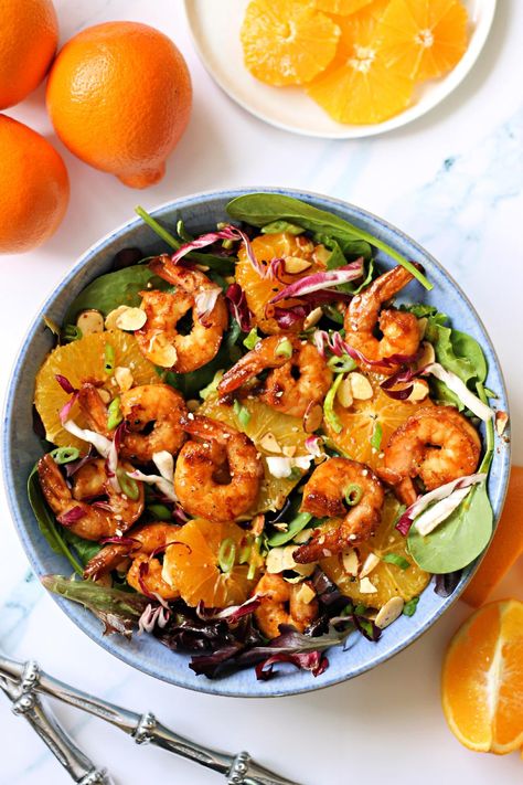 Asian-Inspired Orange Salad with Shrimp - The Kitchen Prep Blog Shrimp Orange Salad, Asian Salad With Shrimp, Cocktail Food Appetizers, Asian Shrimp Salad, Orange Shrimp, Greek Taverna, Citrus Shrimp, Asian Chopped Salad, Mandarin Orange Salad