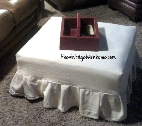 Transformation Tuesday...Drop Cloth Ottoman Slipcover (simple!) Drop Cloth Slipcover, Cedar Chest Redo, Painters Cloth, Slipcover Ottoman, Drop Cloth Projects, Canvas Drop Cloths, Slip Covers, Reupholster Furniture, Ottoman Slipcover