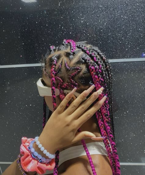 Purple Braids Hairstyles, Pink And Blue Knotless Braids, Braided Hairstyles With Pink, Pink Braids With Black Roots, Braided Hairstyles Black And Pink, Braids For Black Women Pink And Black, Black Braids With Pink Underneath, Star Braids, Braided Hairstyles Pink And Black