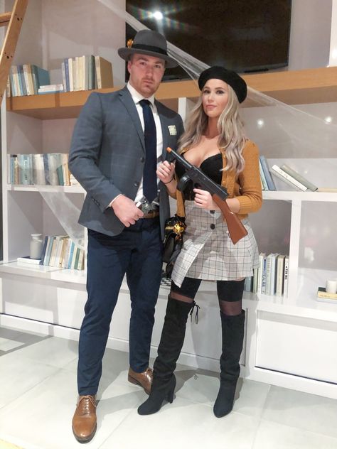 Bonnie and Clyde Halloween costume Couple Halloween Costumes Bank Robber, Bonny And Clyde Halloween Costumes, Bone And Clyde Costume, Diy Bonnie And Clyde Costume, Bonny And Clyde Costumes, Bonnie And Clyde Halloween Costume Diy, Bonnie And Clyde Costume Couple, Gangster Couple Costume, Gangster Halloween Costume