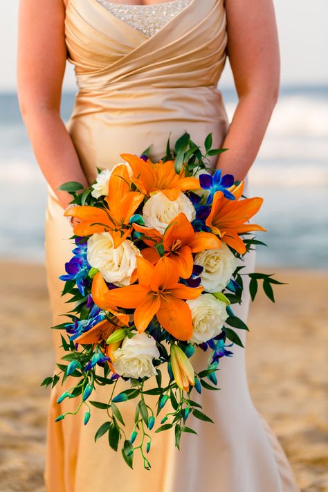 Bright Orange Wedding Theme, Wedding Flowers Orange, Blue And Orange Wedding Decor, Bright Orange Wedding, Blue And Orange Wedding Bouquet, Tiger Lilly Bouquet, Bridal Bouquet Orange, Blue And Orange Wedding Flowers, Blue And Orange Beach Wedding