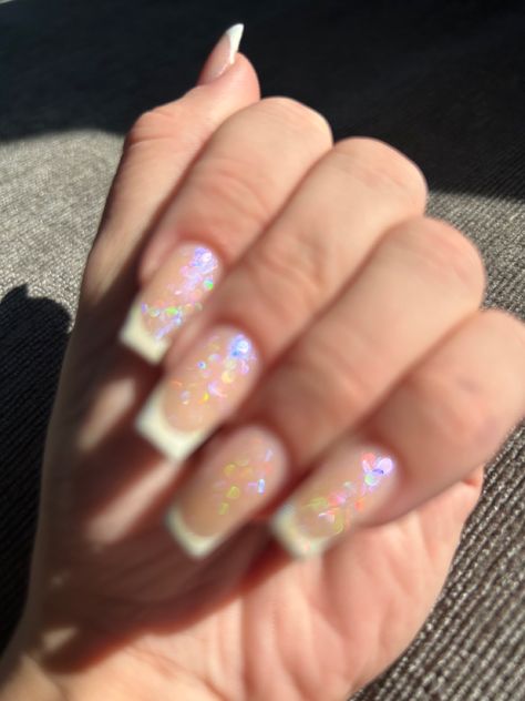 Long french tip acrylic nails wirh glitter top coat French Tip Acrylic Nails Glitter Sparkle, French Tips With Glitter Top Coat, Long French Tip Acrylic Nails, Glitter French Tip Nails, Long French Tip, Glitter French Tip, Colored French Tips, French Acrylics, French Top