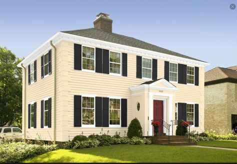 Revere Pewter Exterior House, Revere Pewter Exterior, Gray Home Exterior, Cream Colored Houses, Exterior Door Trim, Farmhouse Exterior Colors, Shutter Colors, Exterior Color Palette, White Shutters