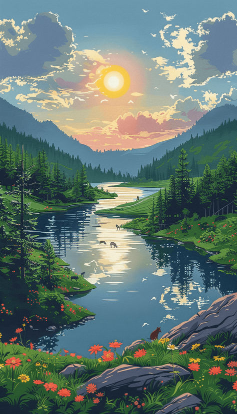 lanscape with river and lake, some animals, sunshine, really blue sky, forest, retro Ghibli style, retro anime style, flat color Retro Anime Style, Twilight Sky, Ghibli Artwork, Retro Anime, Flat Color, Sky Aesthetic, Anime Scenery, Download File, Style Retro