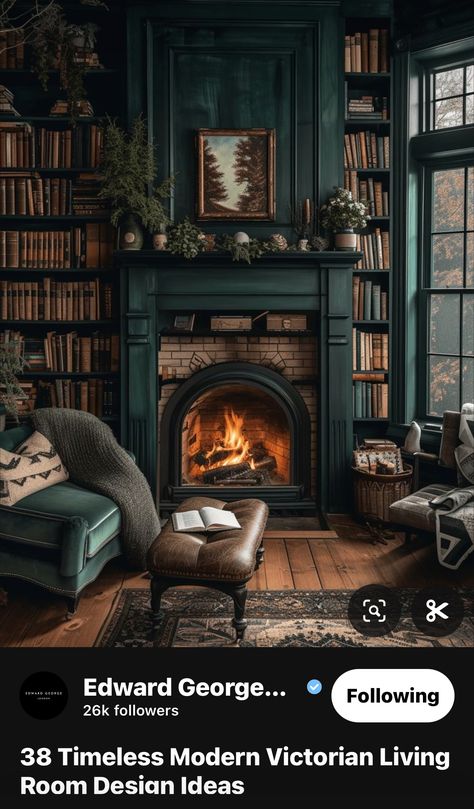 Dark Green Built Ins Fireplace, Forest Green Library Room, Dark Green Library Aesthetic, Green Reading Room, Dark Green Library Room, Dark Green Fireplace, Dark Green Library, Dark Green Bookshelf, Green Home Library