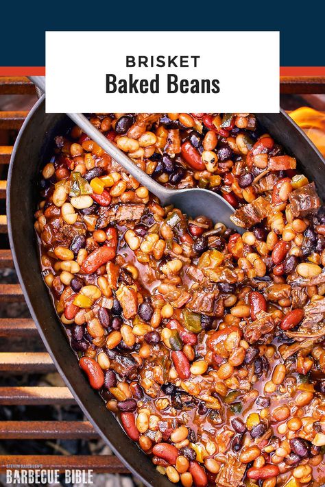 Meaty Baked Beans, Brisket Beans, Leftover Burnt Ends, Brisket And Beans Recipe, Beef Brisket Sides Dishes, Sides For Brisket, Brisket Burnt Ends Smoked, Bourbon Baked Beans Recipe, Smokey Root Beer Baked Beans