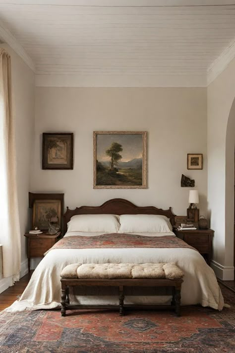 Wood Furniture Bedroom Aesthetic, Bedroom Ideas Antique Vintage, Wooden Vintage Bed, Vintage Styled Bedroom, White Bedroom With Dark Wood Furniture, Dark Wooden Furniture Bedroom, Simple Victorian Bedroom, Simple Cosy Bedroom, Antique Apartment Decor Vintage