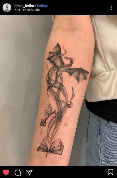 Fantasy Inspired Tattoo Sleeve, Cool Fantasy Tattoos, Harry Potter Back Tattoo Women, Dragon And Book Tattoo Ideas, Dragon Coming Out Of A Book Tattoo, Book And Dragon Tattoo Ideas, Dragon Book Tattoo For Women, Book Dragon Tattoo For Women, Harry Potter Filler Tattoo