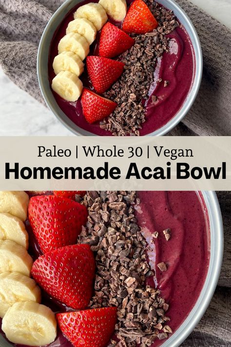 This Gluten Free Acai Bowl recipe gives you step by step instructions on how to make a delicious homemade acai bowl. This recipe is made with 7 simple plant based ingredients that are both healthy and delicious. It's gluten free, grain free, dairy free, nut free and refined sugar free. Just add your favorite toppings for a tasty breakfast, lunch, dinner or snack. It's Paleo, Whole 30 and Vegan friendly. Acai Bowl Recipe Non Dairy, Dairy And Grain Free Breakfast, Gluten Free Breakfast Bowls, Whole 30 Smoothie Bowl, Acai Bowl Base Recipe, Plant Based Whole 30 Breakfast, Whole 30 Breakfast Bowl, Plant Based Whole 30 Recipes, Whole 30 Breakfast Smoothie