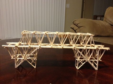 The objective of this project was to build a bridge using nothing but school glue and toothpicks. Our teacher have us credit for just simply building a bridge but gave us extra points for every pound it held with the maximum being 30 pounds. Toothpick Bridge, Spaghetti Bridge, Stem Bridges, Toothpick Sculpture, Simple Stem Activities, Geometry Projects, Bridge Project, Build A Bridge, Stem Projects For Kids