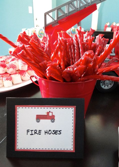 Great idea for firemen bachelor party.. ..to start with.. ...firetruck party food ideas "fire hoses" using licorce. Truck Birthday Party Ideas Decoration, Fire Truck Birthday Party Ideas, Birthday Party Ideas Decoration, Party Ideas Decoration, Truck Birthday Party Ideas, Firefighter Baby Showers, Fire Truck Birthday Party, Fire Truck Birthday, Fireman Party