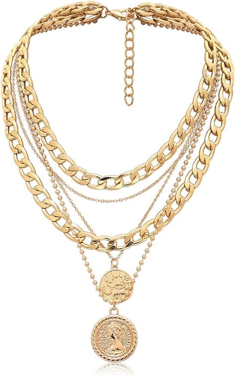 Sttiafay Punk Chunky Chain Necklace Exaggerated Layered Cuban Link Chain Necklace Multilayer Carved Coin Pendant Necklace Thick Choker Jewelry for Women (Gold) : Amazon.co.uk: Fashion Gold Layered Necklaces, Chunky Gold Necklaces, Chunky Choker, Chunky Gold Chain, Chunky Chain Necklaces, Coin Pendant Necklace, Initial Necklace Gold, Initial Pendant Necklace, Gold Choker Necklace