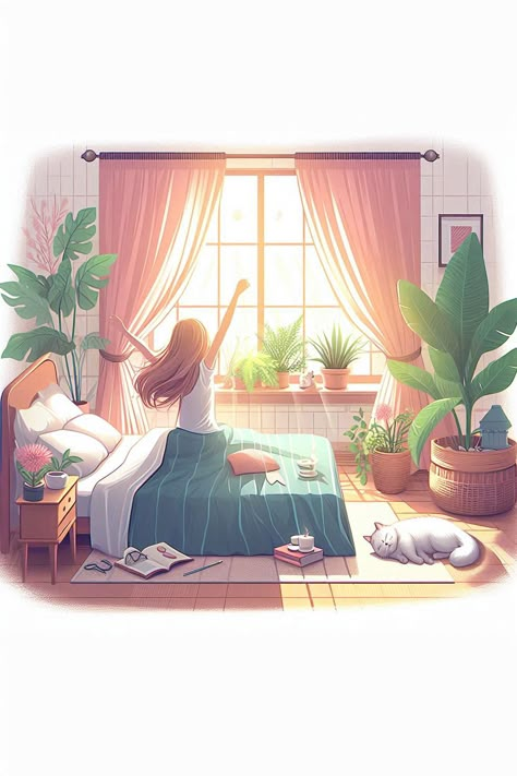 Good morning illustration art inspiration - a woman  stretches in bed after waking up and her cat lies on the floor next to her  #illustration Morning Illustration Art, Books In Bedroom, Good Morning Illustration, Girly Art Illustrations Life, Morning Illustration, Morning Bed, Bedroom Illustration, Mulberry Bush, Illustration Art Inspiration