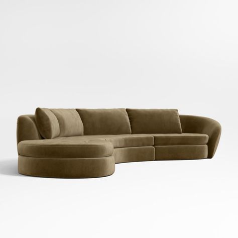 Our Sinuous sectional collection softens a room's inherent angles with serpentine curves. Elegant and sculptural, the three-piece sectional brings casual comfort to its sophisticated, mid-century modern-inspired design with deep yet supportive seats and pillowy back cushions. Consisting of a left-arm chaise, armless sofa and right-arm chair, the generously sized sectional is upholstered in coppery brown velvet for plush texture and a timeless look. Designed to be flexible to suit your space, the Couches Mid Century Modern, Cognac Fabric Couch, Corner Sectional With Chaise, West Elm Couch Sectional, Modular Curved Sofa, Curved Leather Sectional, Large Curved Sofa, Brown Modern Sofa, Curved Leather Sofa