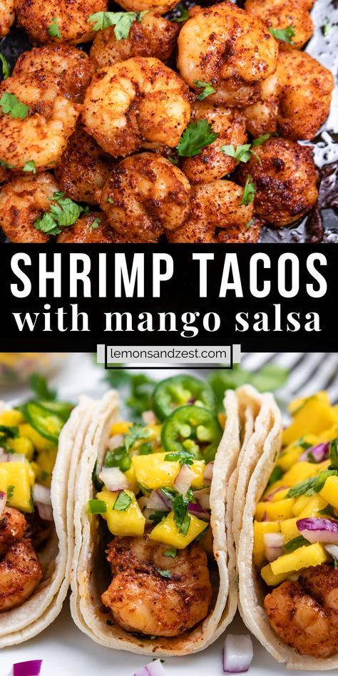 Pan-Fried Spicy Shrimp Tacos with Mango Salsa are so simple and delicious. A simple marinade with the spice level you choose and then topped with a zesty mango salsa for the perfect Taco Tuesday combo! (Or any day of the week, right?) Shrimp cooks up in under ten minutes so you have a simple and super quick dinner ready in no time! Shrimp Tacos Spicy, Simple Seafood Dinner, Grilled Shrimp With Mango Salsa, Shrimp Mango Salsa Recipe, Healthy Shrimp Tacos Recipes, Shrimp Tacos Marinade, Healthy Shrimp Taco Recipes, Mango Shrimp Recipes, Dinner Recipes When You Have No Food