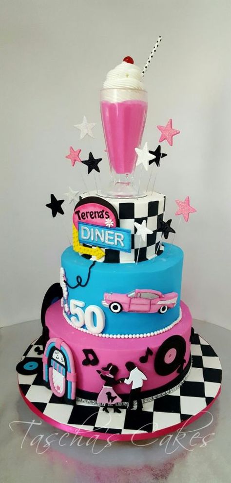 Decades Cake Ideas, 60s Themed Cake Ideas, 1950s Birthday Cake, 50s Cake Ideas, Grease Birthday Cake, 50s Themed Cake, 50s Birthday Cake, 60s Birthday Cake, Retro Cake Ideas