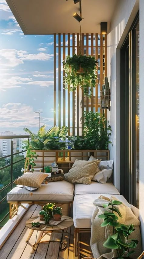 Apartment Esthetics, Small Outdoor Balcony Ideas, Modern Balcony Design, Balcony Seating, Planter Balcony, Modern Balcony Ideas, Condo Balcony, Balcony Design Ideas, Small Balcony Garden