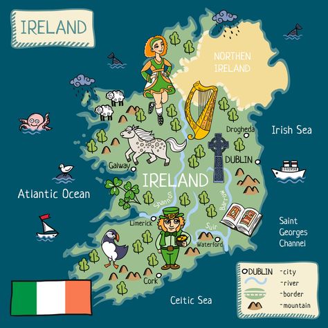 cartoon map of Ireland Cork Map, Cartoon Map, Ireland Map, Galway Ireland, Book Of Kells, Irish Sea, Cork Ireland, Illustrated Map, Galway